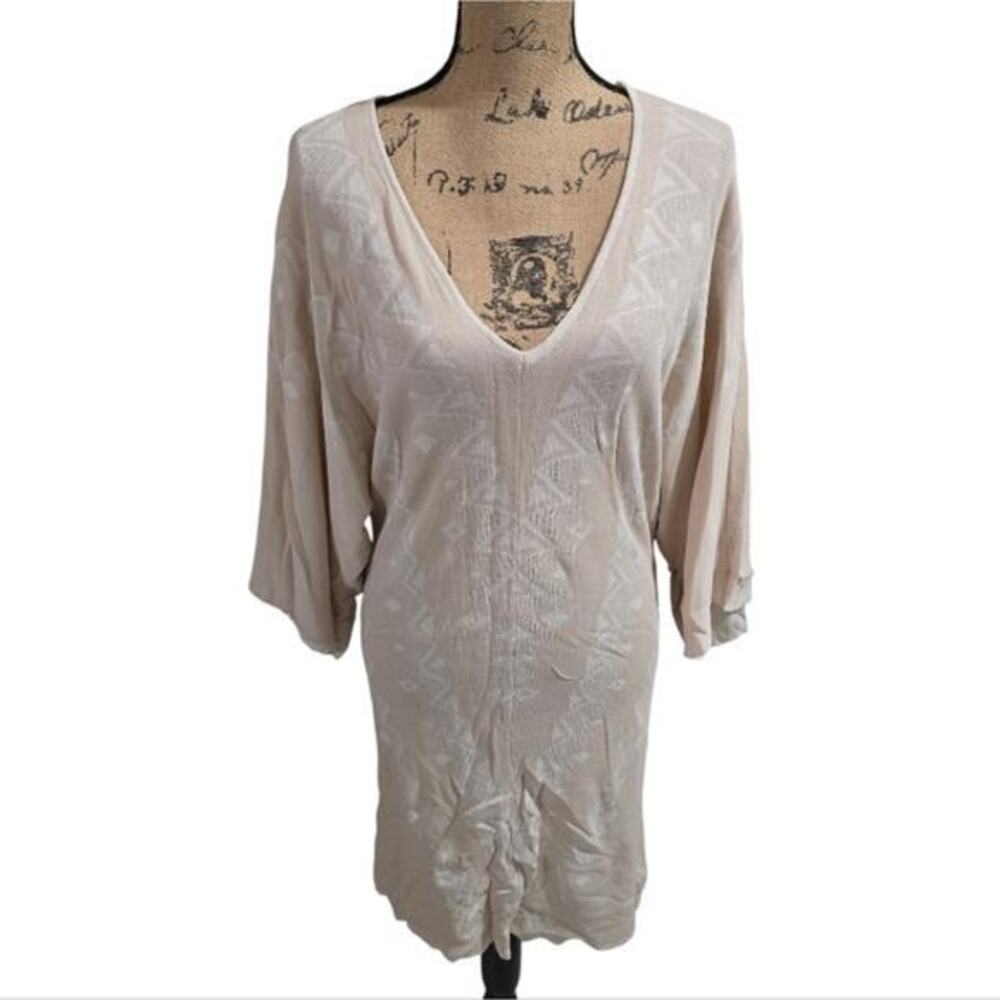Miilla Tan & Cream Relaxed V-Neck Tunic with 3/4 Sleeves Stretch Size Small New